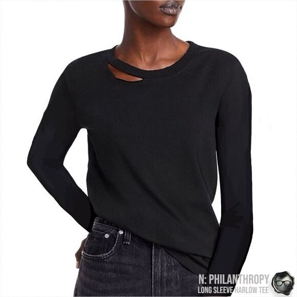 N:PHILANTHROPY LONG SLEEVE HARLOW BFF TEE SHIRT IN BLACK CAT CUT OUT NECK BAND - Picture 2 of 12